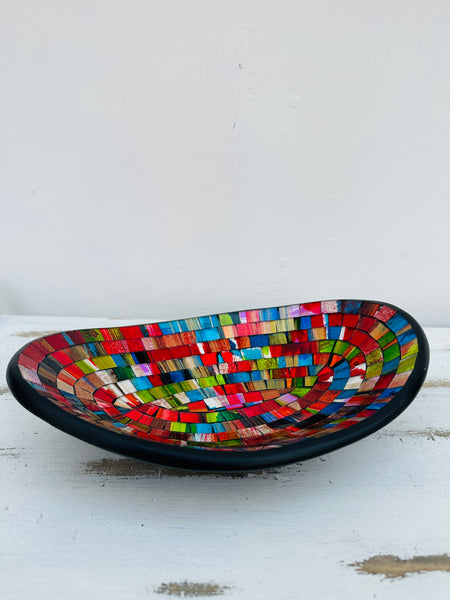 front view of mosaic oval bowl handmade in bali on white background