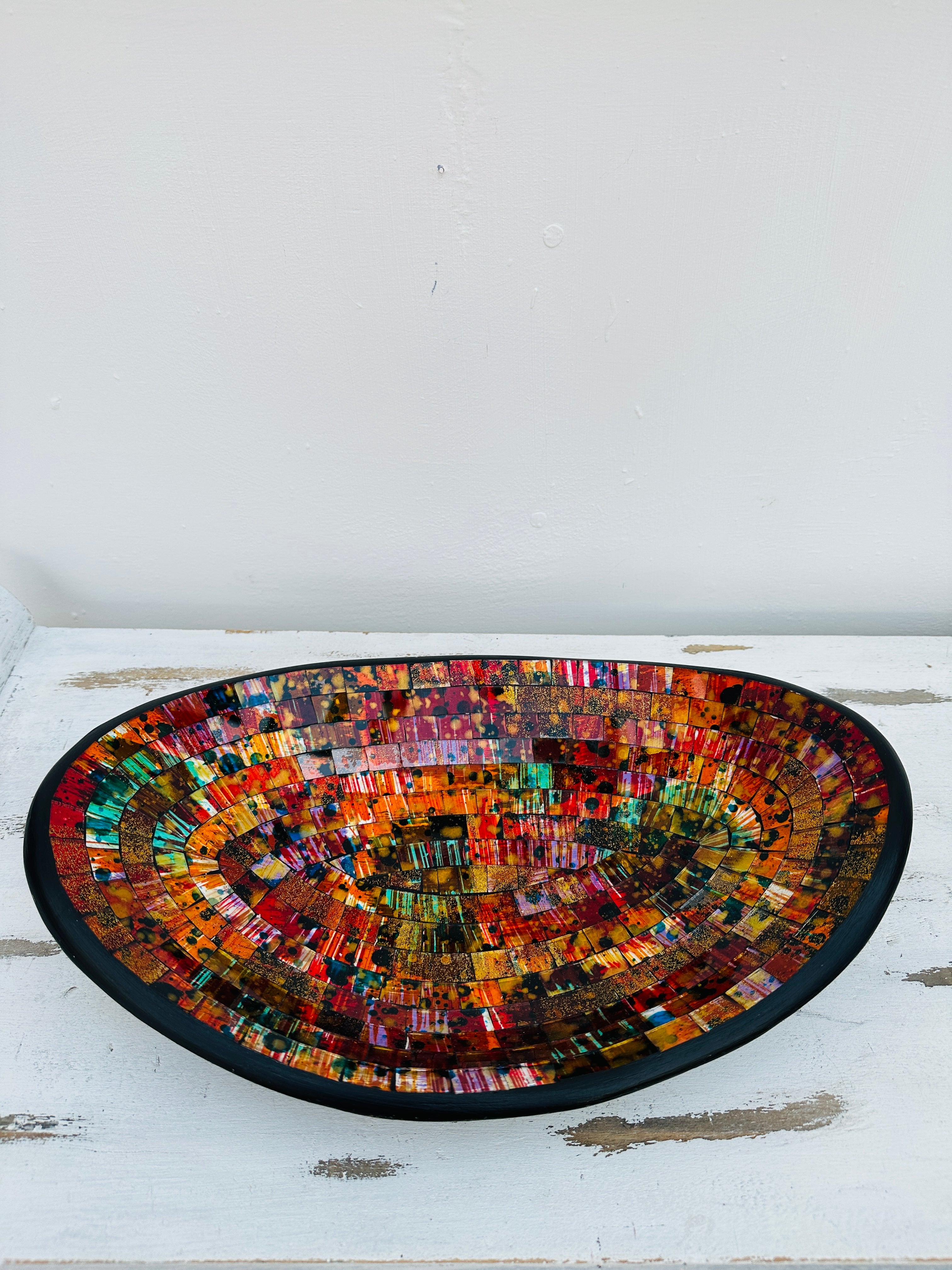 aerial view of mosaic oval bowl handmade in bali