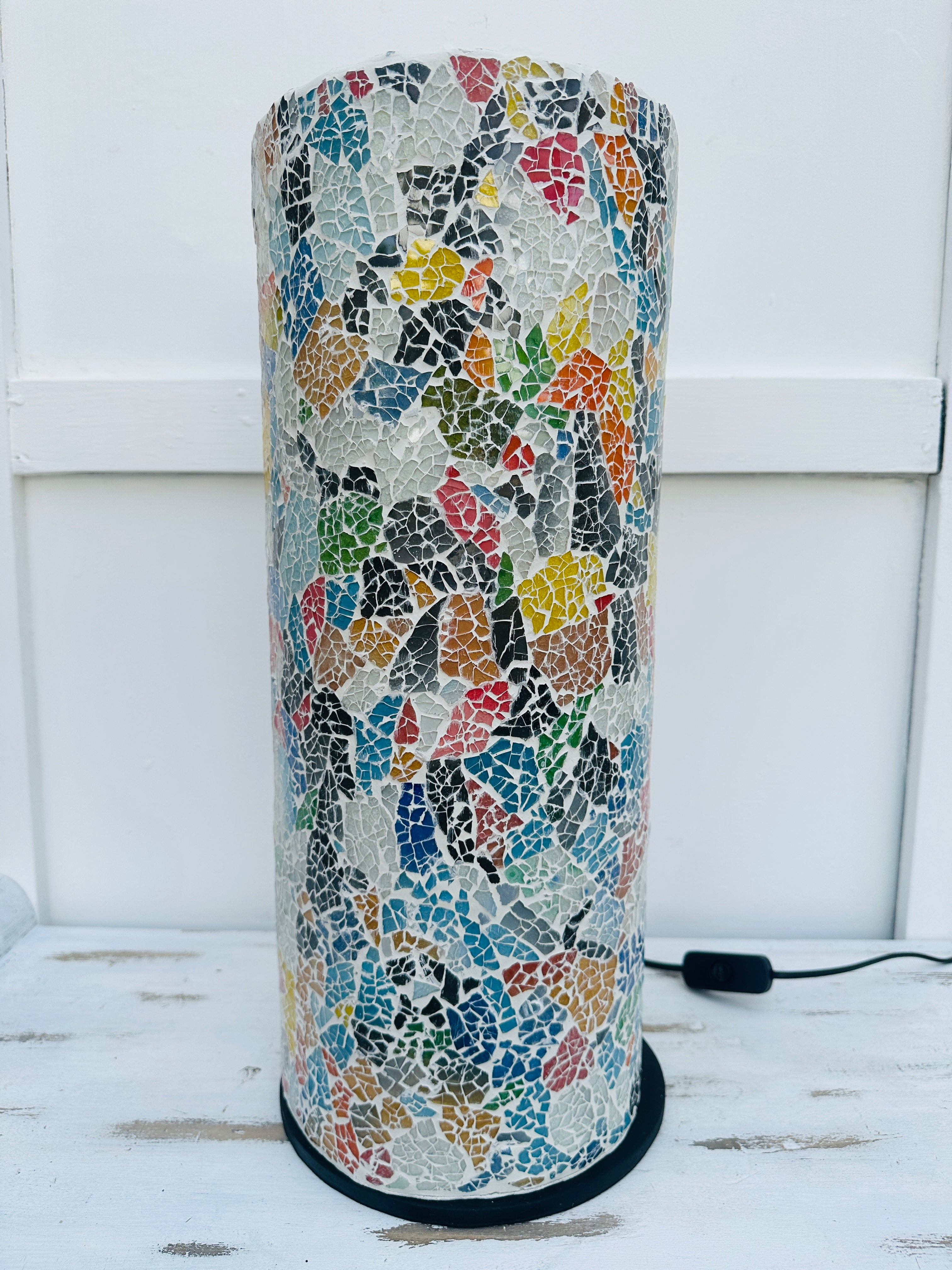 front view of mosaic cylinder lamp with light off