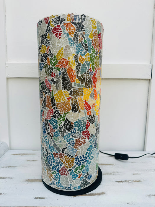 front view of mosaic cylinder lamp with light on