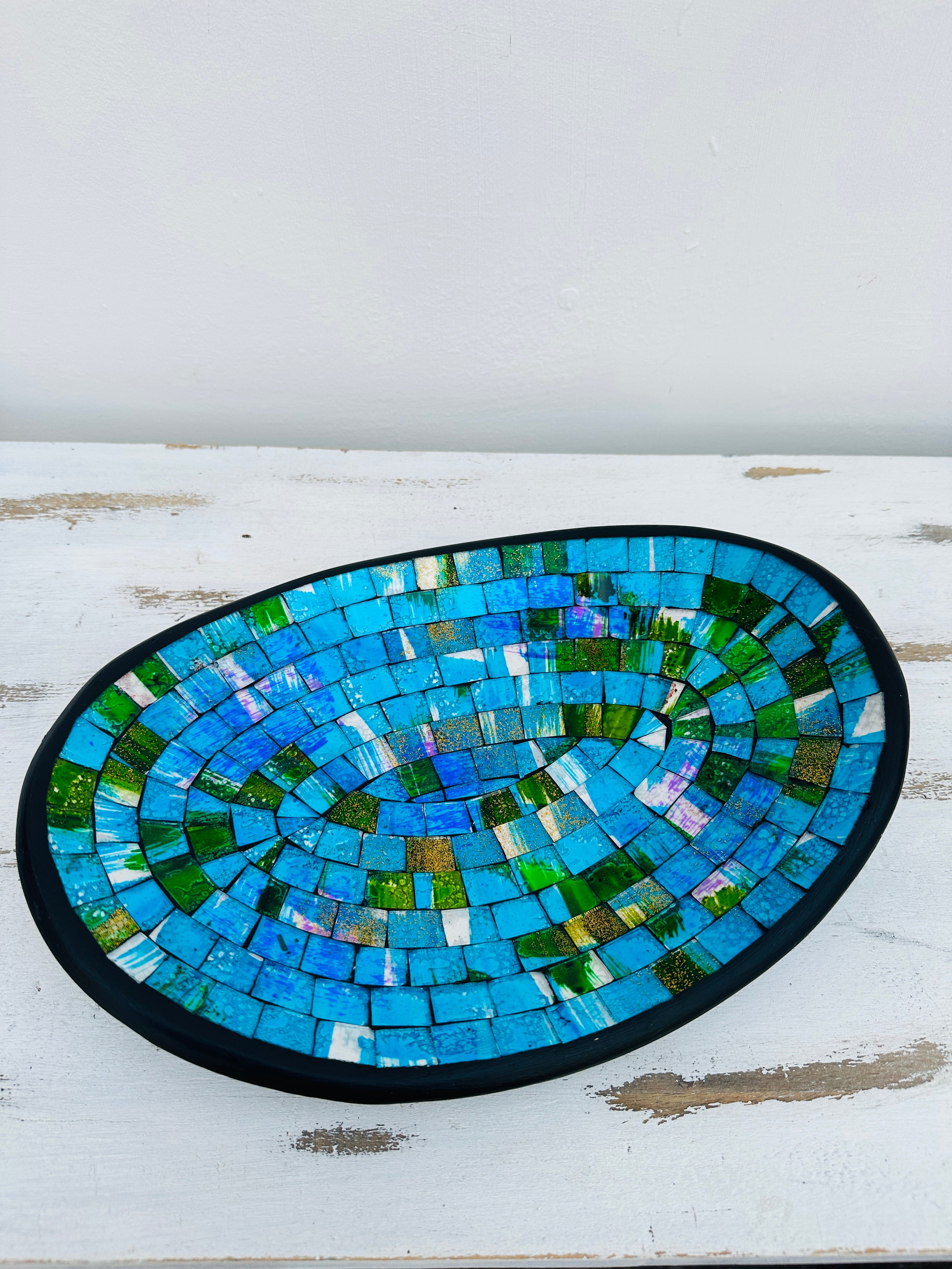 aerial view of oval mosaic bowl in blue