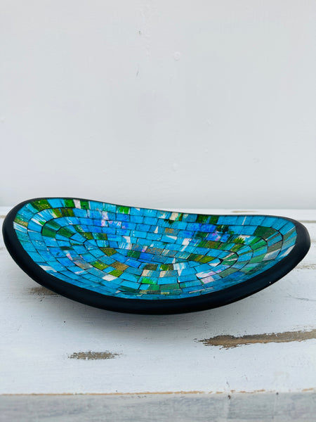side view of mosaic oval bowl in blue