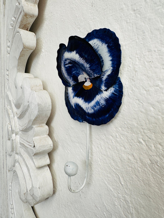 side view of pansy metal hook in blue