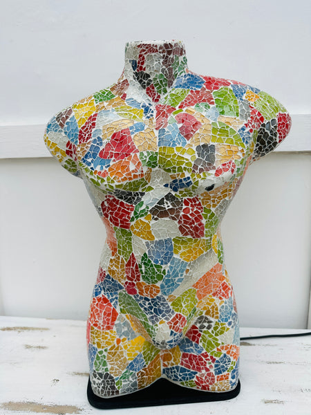 front view of mosaic man bust lamp with light off