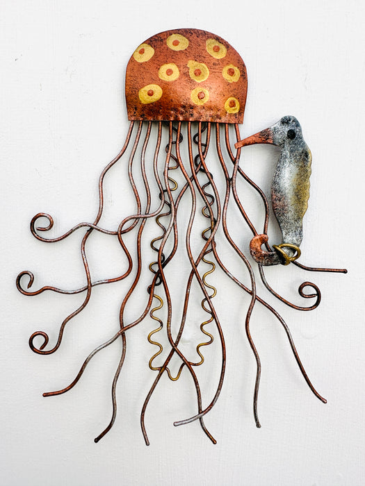 front view of metal jellyfish with seahorse