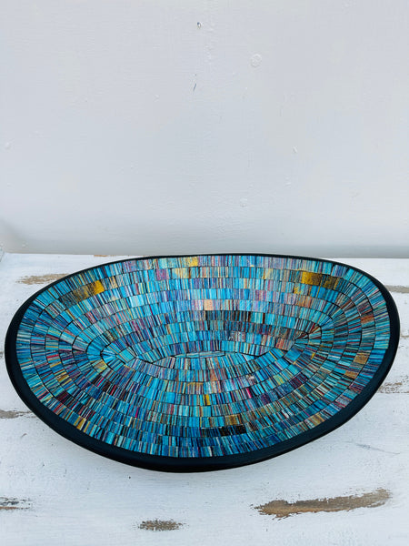 aerial view of mosaic oval bowl on white background