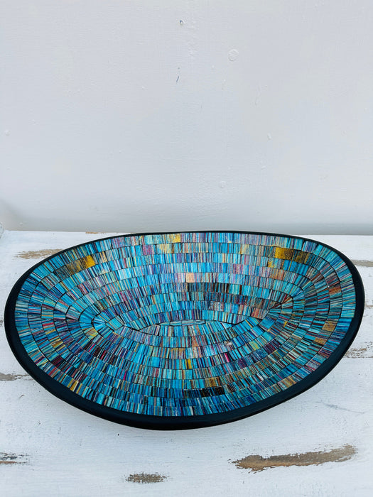 aerial view of mosaic oval bowl on white background