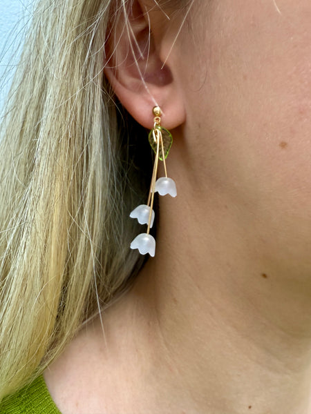 A pair of elegant dangle earrings with white floral designs and gold stems.