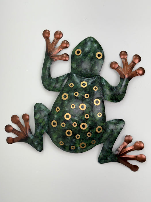 Metal frog wall art with green body and brown feet on a white background