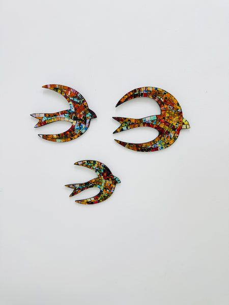 Three mosaic birds wall decoration in different sizes, colourful glass mosaic design.