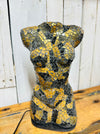 Side view of elegant bust lamp featuring hand-painted black and gold glass.