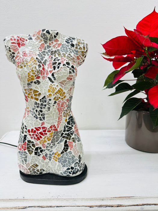 Front view of handmade mosaic bust lamp in vibrant rainbow colours.