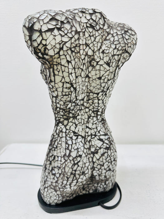 Artistic handmade silver mosaic lamp with reflective crackle glass texture.