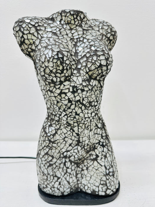 Small mosaic bust lamp in silver tones with hand-painted glass and fiberglass base. Elegant handmade lighting piece.