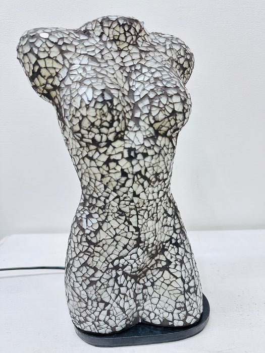 Front view of silver mosaic bust lamp showing hand-painted glass details.