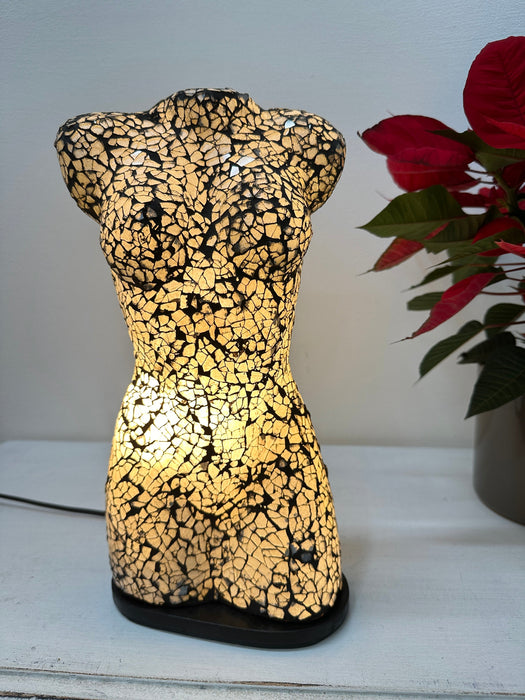 Silver mosaic bust lamp illuminated, glowing warmly in low light.