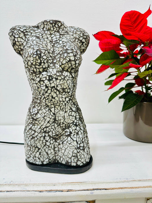 Small mosaic bust lamp in silver tone with fiberglass base, handcrafted design.