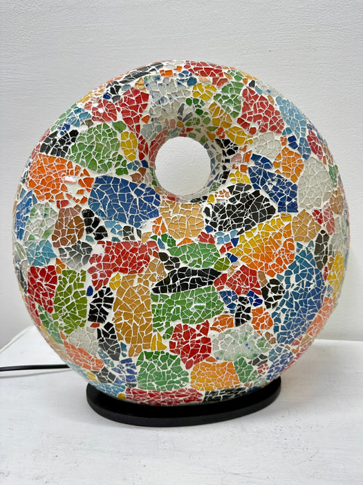 Mosaic Donut Lamp Medium – Crackle Multi, handmade mosaic table lamp with rainbow-coloured glass on epoxy resin base, UK plug and inline switch