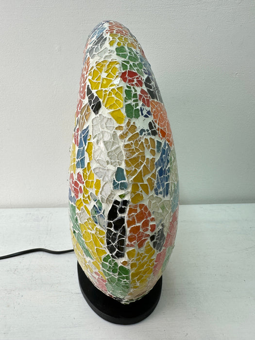 Side view of Mosaic Donut Lamp Medium – Crackle Multi, handmade mosaic lamp with colourful crackle glass on epoxy resin base