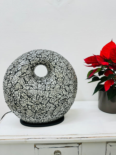 Mosaic Donut Lamp Medium – Silver, handcrafted mosaic glass lamp with fiberglass base
