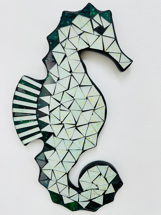 handmade and hand-painted mosaic seahorse on mdf base
