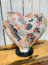 Front view of handmade heart-shaped mosaic lamp in multi-colour glass.