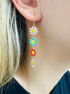 Colorful flower-shaped earrings worn by a person with blonde hair.