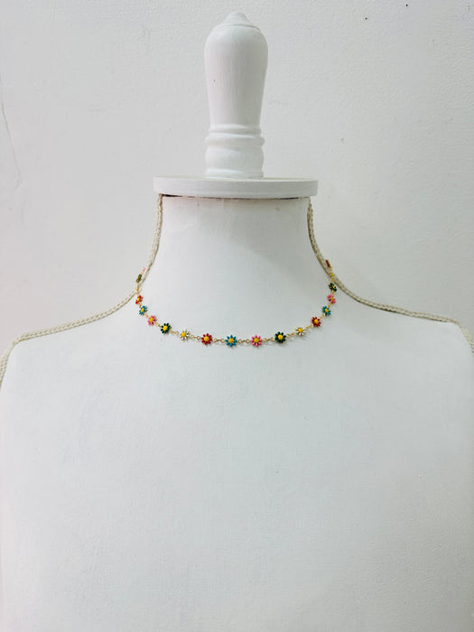 delicate necklace with small multicolour enamel flower charms on a fine chain