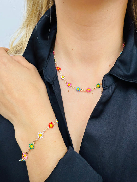 delicate necklace with small multicolour enamel flower charms on a fine chain