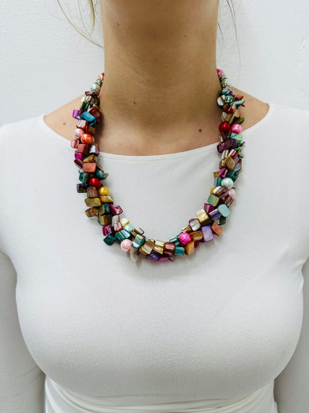 handmade multicolour shell necklace with natural irregular beads displayed on model