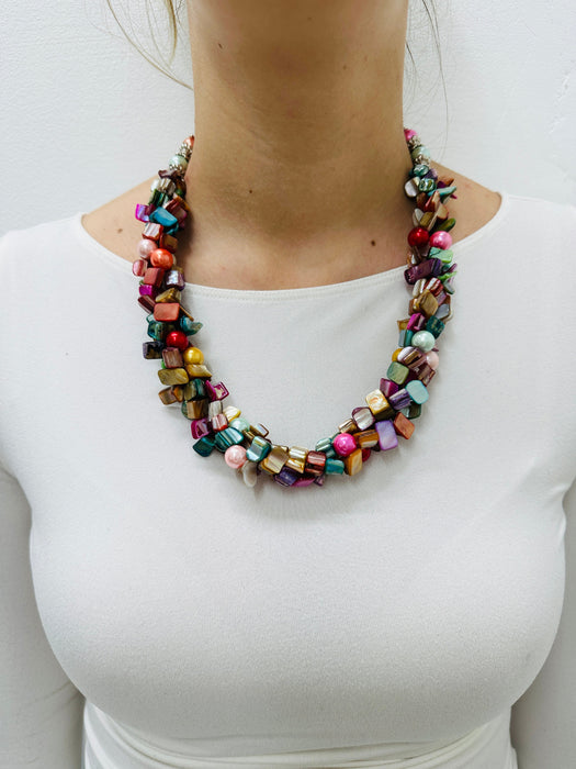 handmade multicolour shell necklace with natural irregular beads displayed on model