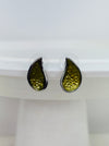 Olive green teardrop enamel stud earrings with silver tone, displayed on a white background.