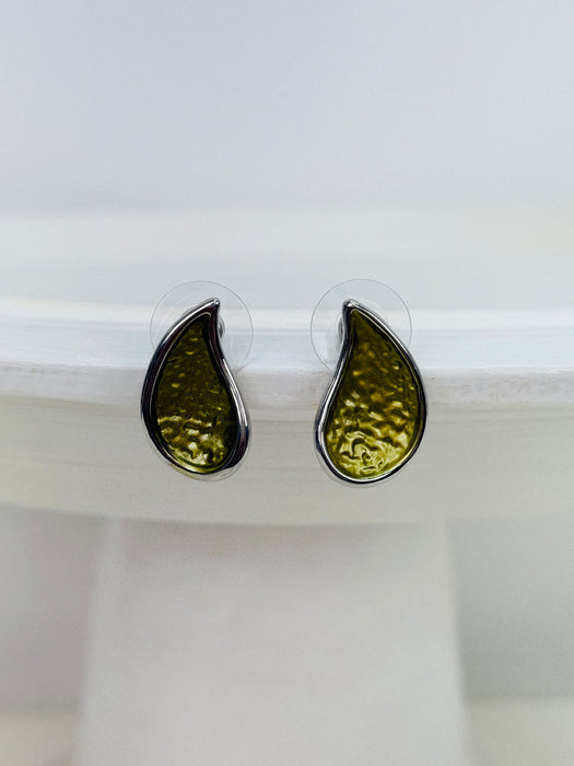 Olive green teardrop enamel stud earrings with silver tone, displayed on a white background.