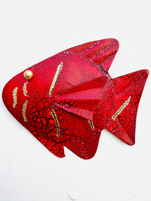 Handmade red metal rainbow fish wall decoration with gold detailing