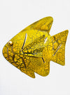 front view of single yellow metal fish on white background
