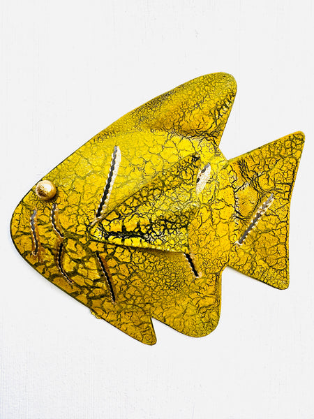 front view of single yellow metal fish on white background