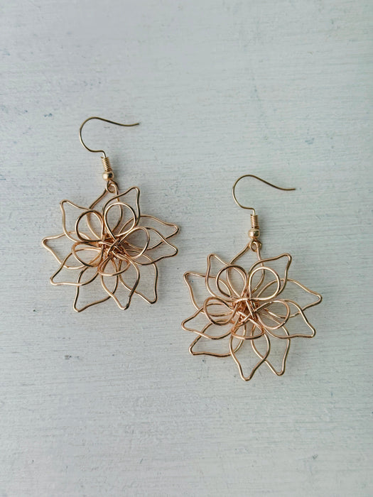 close-up of pair of gold flower-shaped earrings 