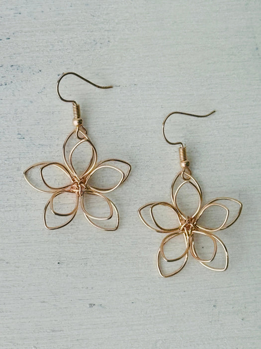 front of rose-gold flower wire earrings