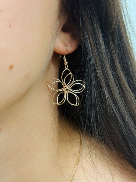 rose-gold flower wire earrings displayed on a model
