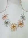 Necklace with floral pendants in gold, silver, and rose gold on a white background