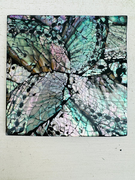 A single shell coaster with a black flower pattern on a white background.