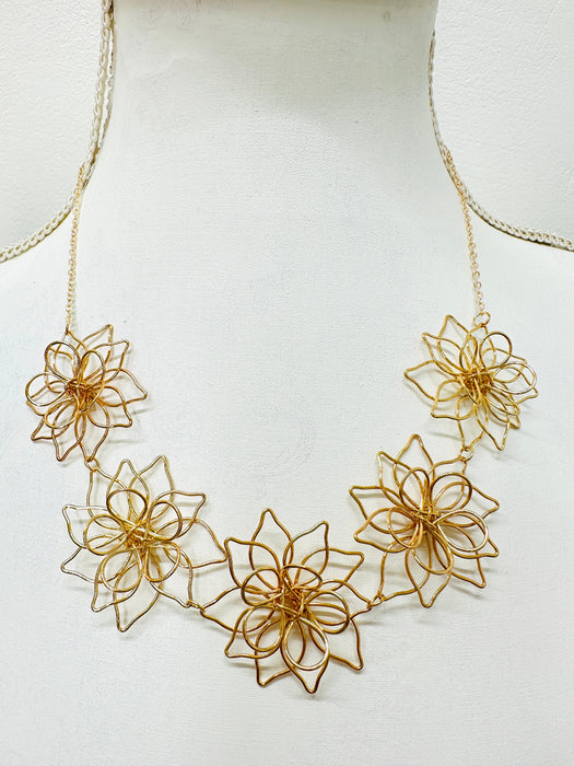 close-up of gold flower link necklace