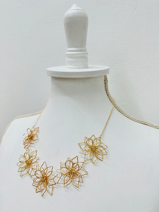 side angle of gold flower necklace