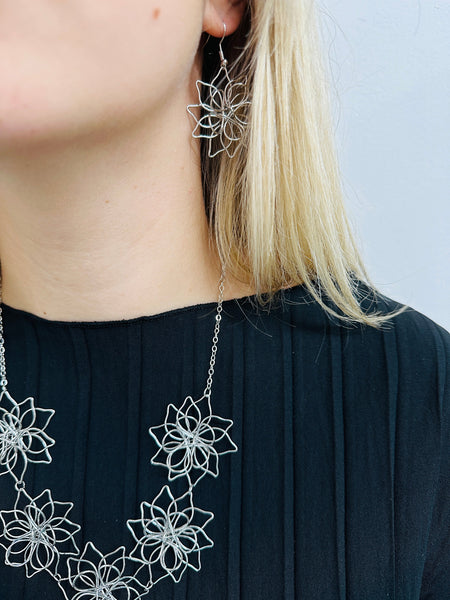 silver flower link necklace and earrings set