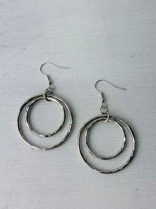 silver double hoop dangle earrings
