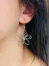 Silver flower-shaped earring displayed on a model