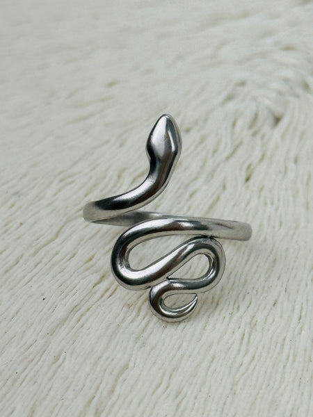 silver adjustable snake ring wrapped around finger design
