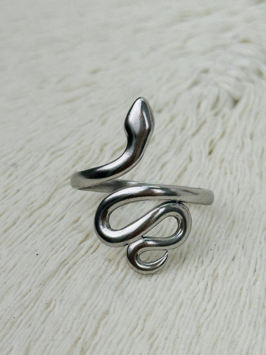 silver adjustable snake ring wrapped around finger design