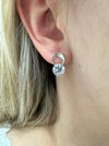 A close-up image of a person wearing a silver stud earring with a crystal detail.