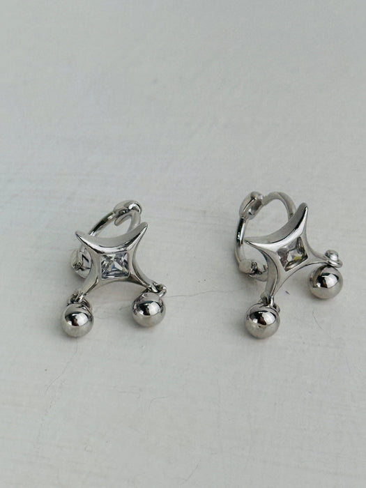 Modern silver tone hoop earrings with square crystal centre and two silver ball accents.